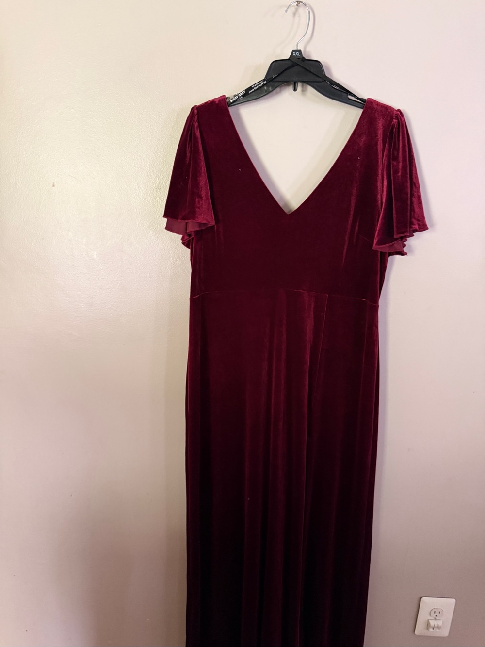 Elegant Velvet Maxi Dress in Burgundy with Flutter Sleeves, bridesmaids dress
